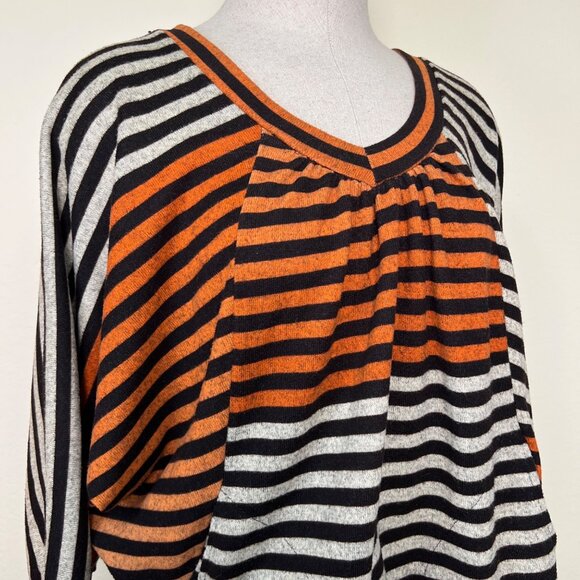 PATTERN Brown Orange & Oatmeal Striped V-Neck Dolman 3/4 Sleeve Top w/Pockets L - Picture 3 of 11